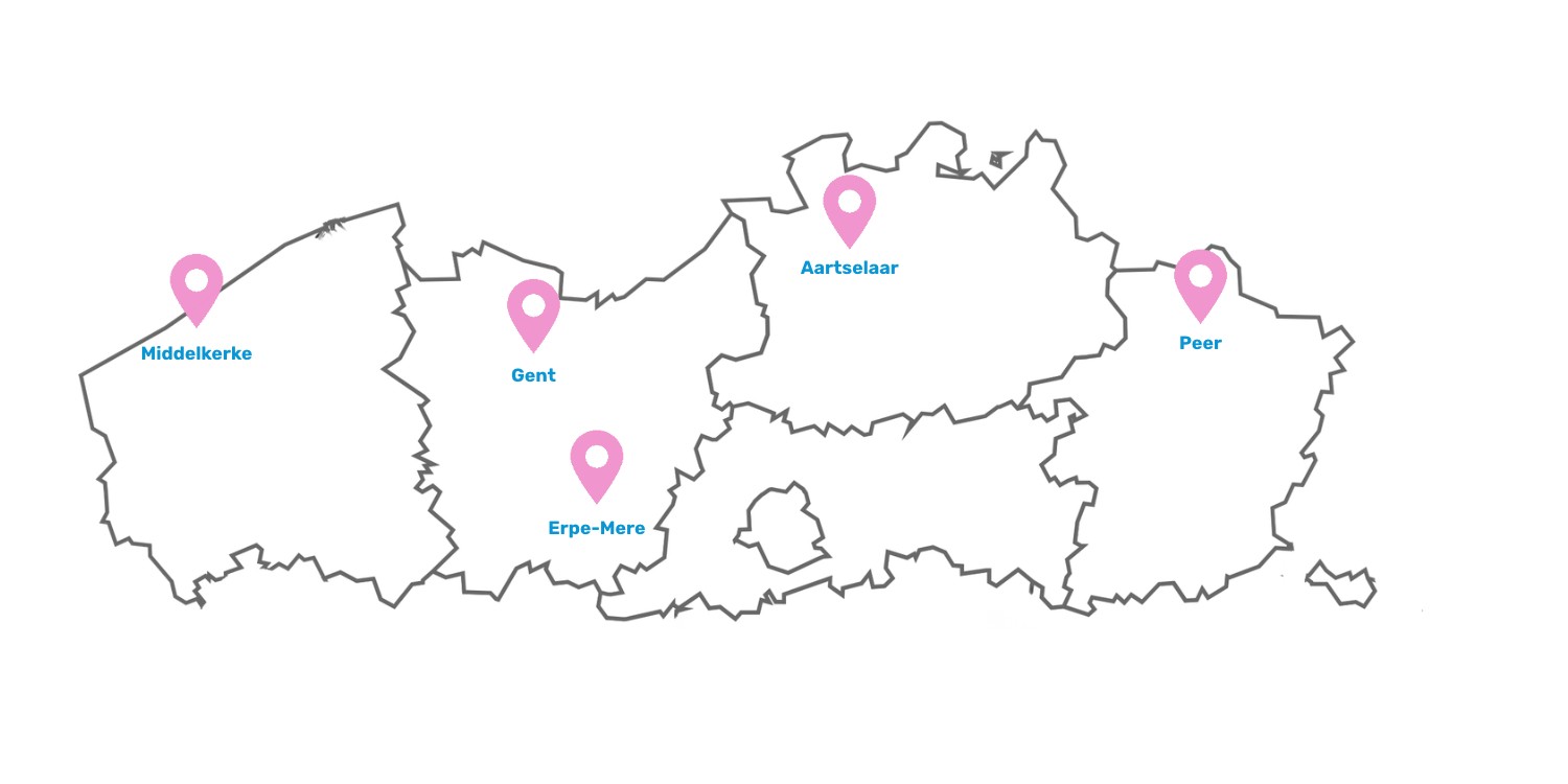 Kaart van Vlaanderen met speellocaties Eigen Regie